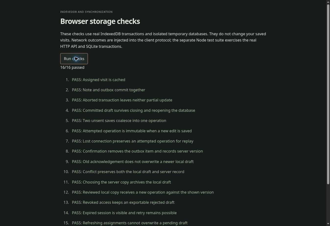 Sixteen IndexedDB and synchronization checks passed in the browser.