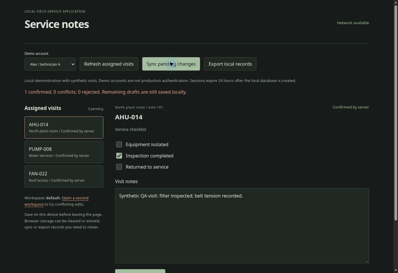 Dark service-notes interface showing the inspection checklist, saved note, and confirmed server version.