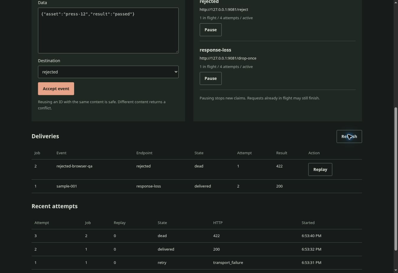 Local delivery console after a lost response was retried and a separate endpoint returned HTTP 422.